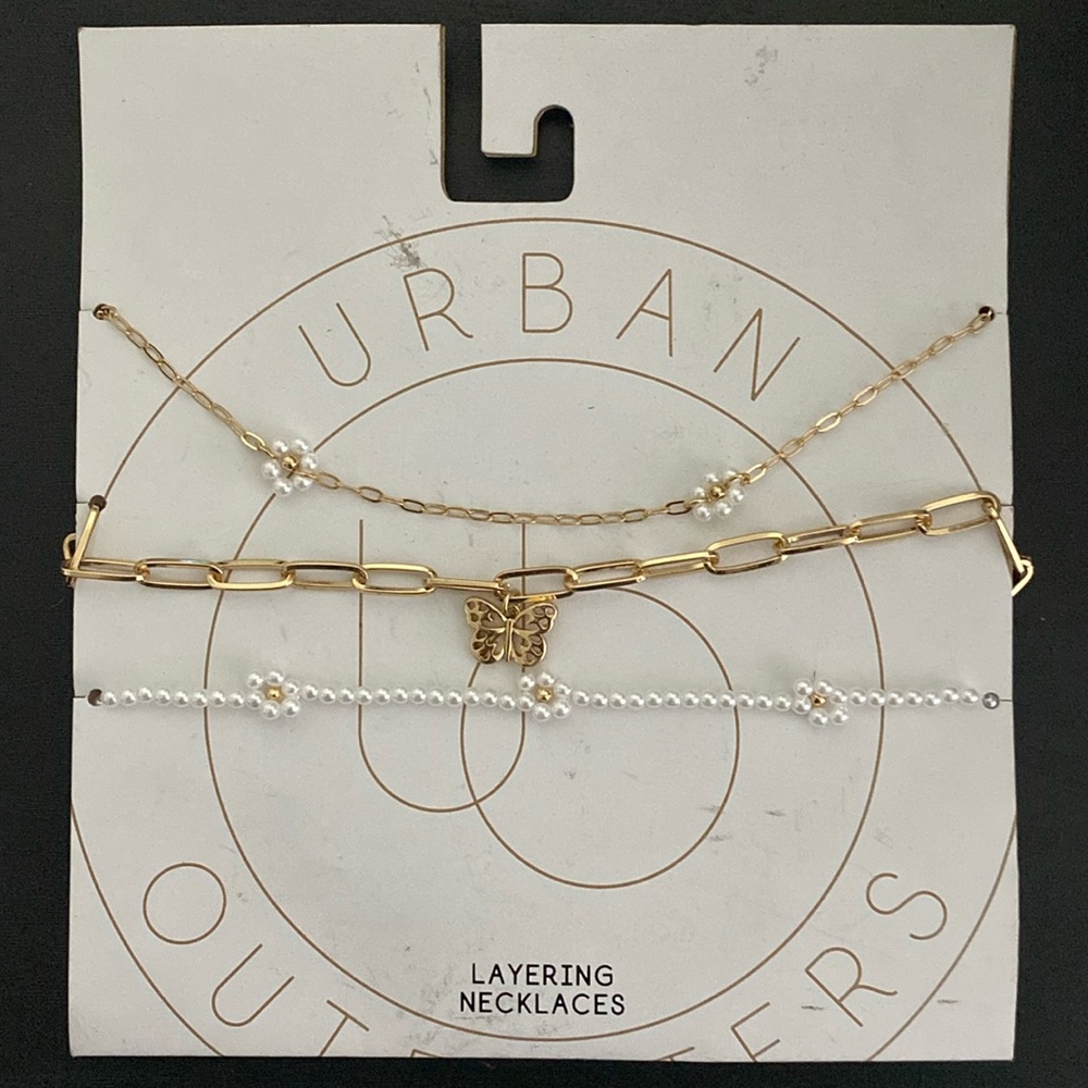Urban Outfitters Flowers and Butterfly Gold Tone Layering Necklaces